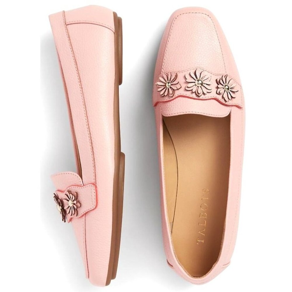 Talbots Pink Leather Size 7 WIDE Width Loafer Flat Slip-On Shoes Floral Preppy